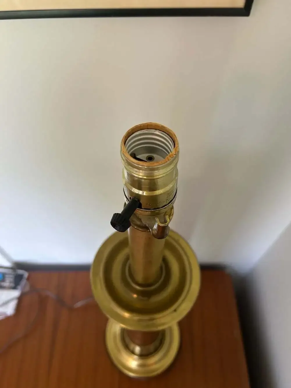 Vintage Mid-Century Modern Teak and Brass Column Table Lamp